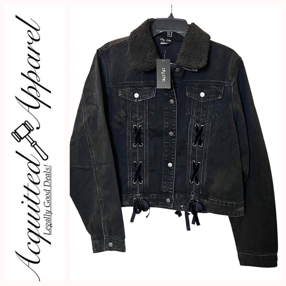 City Chic Black Washed Denim Jean Laced Up Jacket NWT Size L